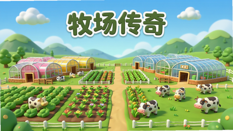 主体为一座现代化且充满生机的3D卡通风格牧场全景,布局开阔,包含整齐排列的农田、色彩鲜艳的温室大棚、以及悠闲吃草的奶牛群,背景是蓝天白云和远处的青山,排版居中,风格清新治愈,细节丰富,画质高清,干净无多余元素,文字