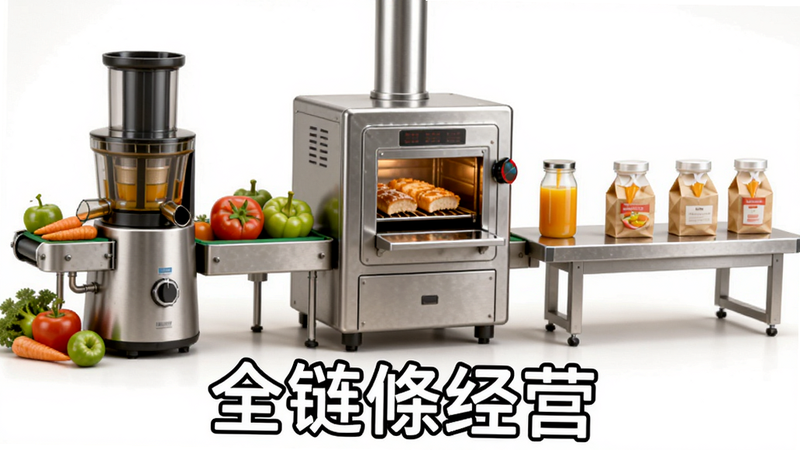 主体为农产品加工生产线,布局包含榨汁机、烘焙炉和包装台,排版从左至右流程展示,风格写实卡通结合,细节显示新鲜蔬果转化为成品果汁的过程,画质逼真,干净,无多余元素,文字