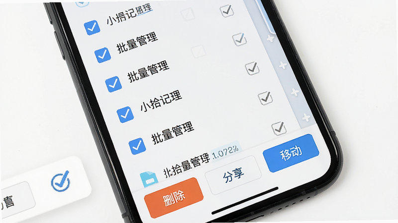主体为手机操作界面,布局展示勾选框列表和底部的操作栏,操作栏包含