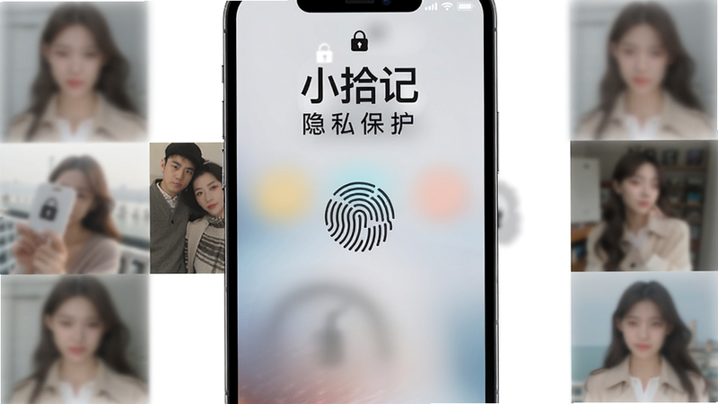 主体为手机锁屏界面与私密相册入口,布局中心为指纹识别图标,周围环绕着模糊处理的私密照片缩略图,排版对称平衡,风格安全神秘且专业,细节展示加密锁图标和模糊遮罩效果,画质高,干净无杂乱背景,文字内容为
