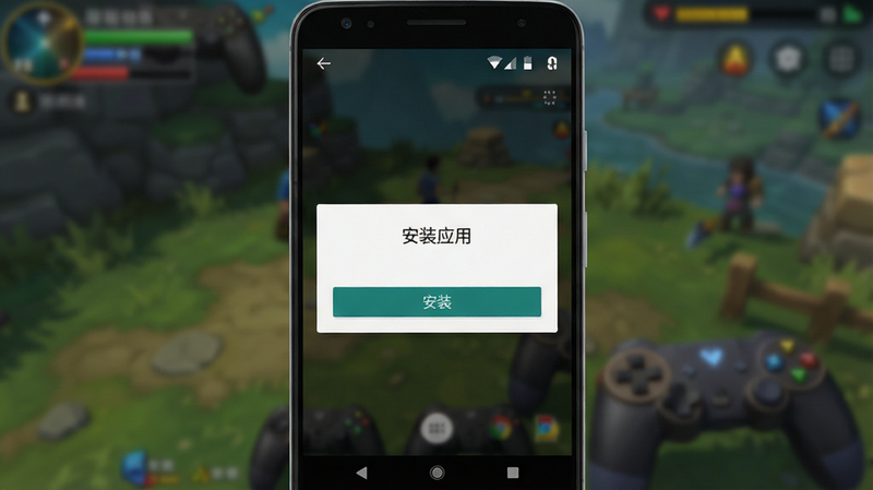 展示手机安装界面,主体为安卓手机屏幕,布局简洁,显示“安装应用”对话框,下方有“安装”按钮,背景为模糊的游戏画面,风格为UI界面设计,细节清晰,画质高清,无多余元素