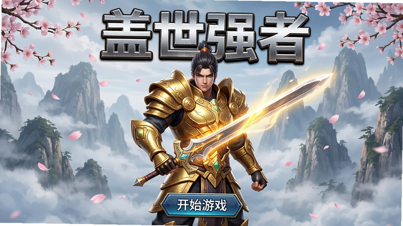 主体为《盖世强者》手游主界面,布局采用中心对称式,中央展示一位身穿金色铠甲、手持发光长剑的男性角色,背景是云雾缭绕的高山与飘落的樱花,顶部有“盖世强者”四个大字,字体采用金属质感,底部有“开始游戏”按钮,风格为3D写实与二次元结合,细节丰富,画质高清,干净无多余元素