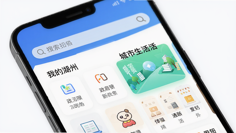 主体为手机屏幕界面,展示“我的湖州”APP首页,布局清晰,顶部为搜索栏,中间分为政务服务和城市生活两大板块,排版整齐,风格简约现代,细节包含图标高亮和文字清晰,画质高清,干净,无多余元素