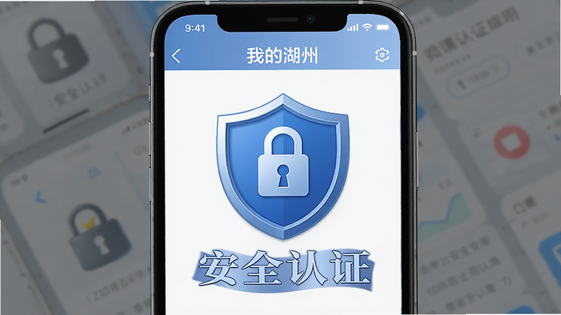 主体为手机界面,展示“我的湖州”APP的安全认证标志,布局居中,突出显示“安全认证”字样,排版庄重,风格蓝色盾牌图标,细节包含锁形图案,画质高清,干净,无多余元素