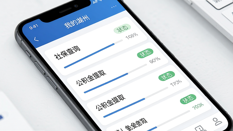 主体为手机界面,展示“我的湖州”APP的政务办理页面,布局为列表形式,列出“社保查询”、“公积金提取”等选项,排版紧凑,风格商务蓝,细节包含进度条和状态标签,画质清晰,干净,无多余元素