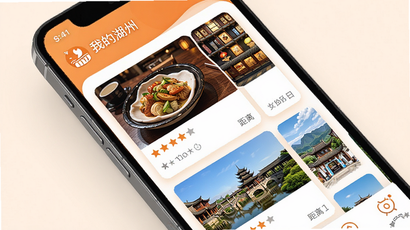 主体为手机界面,展示“我的湖州”APP的本地生活板块,布局为瀑布流卡片式设计,展示餐厅和景点图片,排版美观,风格温馨橙色,细节包含评分星级和距离标识,画质精致,干净,无多余元素