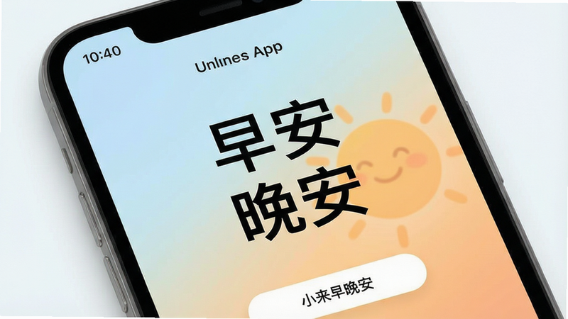 һ��չʾ�ֻ���Ļ�ĸ���UI���ͼ������Ϊ��С����������App���棬���ּ�࣬������ʾʱ�䣬�м��Ǵ������ġ��簲�����������ʺ������Ϊ��͵Ľ���ɫ���絭����ů�ȣ����ײ��м򵥵Ĵ򿨰�ť�����Ϊ��ƽ������������ϵ��ϸ�ڴ�����΢�Ĺ�ӰЧ��������4k���ɾ��޶���Ԫ��