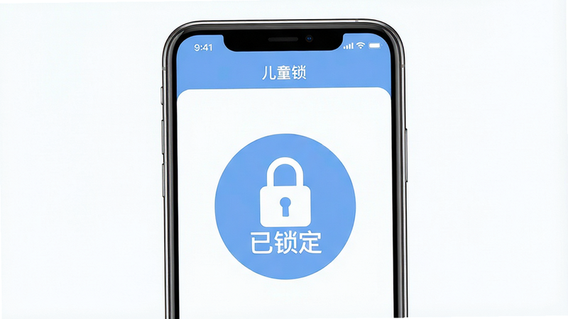 主体为一部现代智能手机屏幕,显示名为“儿童锁”的应用界面,布局清晰,顶部有状态栏,中间是大面积的“已锁定”状态图标,排版简洁对称,风格为扁平化UI设计,细节包含柔和的蓝色主色调与白色背景,画质高清,干净无多余元素,文字“儿童锁”清晰可见