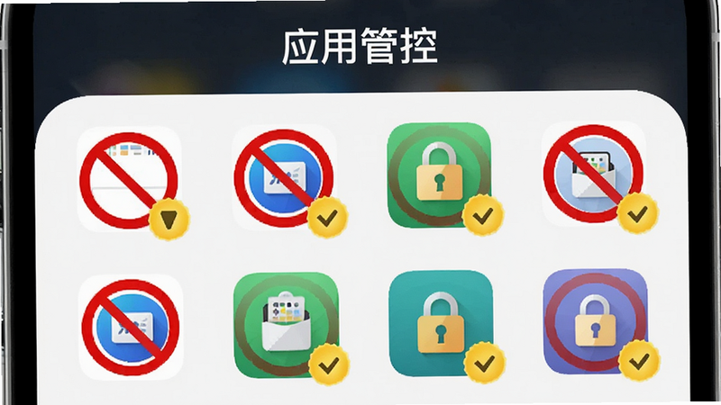 手机界面展示应用列表,部分应用图标旁带有红色禁止符号,部分带有黄色验证锁图标,布局为网格状,排版整齐,风格为极简科技风,细节显示图标清晰,画质细腻,干净背景,文字“应用管控”在顶部