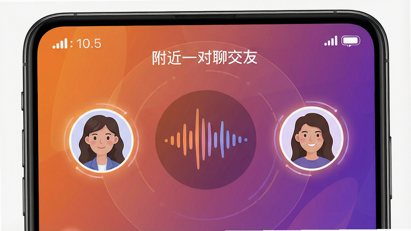主体为手机屏幕,显示“附近一对聊交友”的语音通话界面。布局简洁,中央为一个正在波动的声波动画图标,周围环绕着两个用户的头像,头像边缘有发光效果。排版对称,视觉焦点集中在声波动画上。风格为科技感与亲和力结合,色调温暖,使用橙色和紫色渐变背景。细节处可见通话计时器清晰显示,信号强度图标位于角落。画质高清,干净,无多余装饰,突出语音互动的即时性。