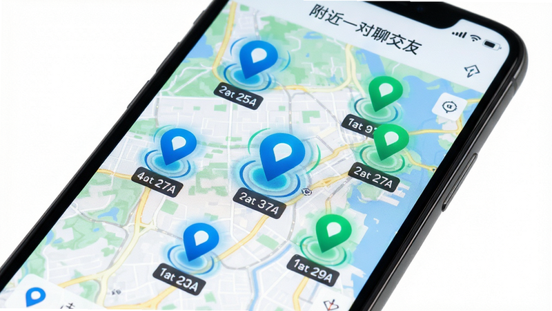 主体为手机屏幕特写,展示“附近一对聊交友”的地图界面。布局中心为地图,上面分布着多个发光的定位图标,代表附近用户。排版清晰,图标大小适中,带有距离数字标注。风格为现代扁平化设计,色彩明快,使用蓝色和绿色区分不同状态的用户。细节处可见地图纹理细腻,定位图标带有动态光晕效果。画质极清,干净,无杂乱线条,背景为纯白以突出屏幕内容。