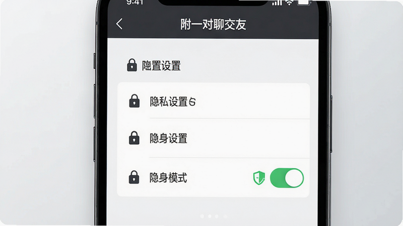 主体为手机屏幕,展示“附近一对聊交友”的设置页面,重点突出“隐私设置”板块。布局为列表形式,每一项功能前有锁形图标,表示保护状态。排版整齐,文字清晰易读。风格为极简主义,使用深灰色和白色搭配,体现专业与安全。细节处可见“隐身模式”开关处于开启状态,旁边有绿色的安全盾牌图标。画质清晰,干净,无多余元素,背景为浅灰色渐变,突出安全感。