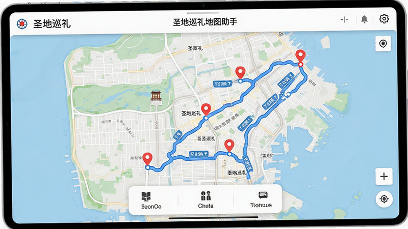 һ�ŵ�ͼ�������ͼ������Ϊ��ʥ��Ѳ���ͼ���֡���·�߹滮ҳ�棬����Ϊȫ����ͼ�ӵײ�������Ƭ������ִ���Լ��ϸ����ʾһ�����Ӷ����ɫ��ǵ����ɫ·�ߣ�·�����о����ʱ���ע������ϸ�壬�ɾ������ְ���