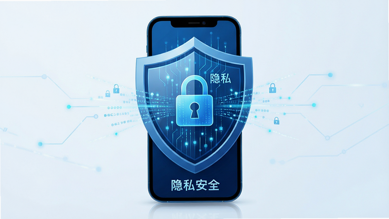 主体为盾牌图标保护手机,布局中心构图,排版稳重,风格科技感蓝色调,细节展示数据流加密效果,画质锐利,干净,无多余元素,文字