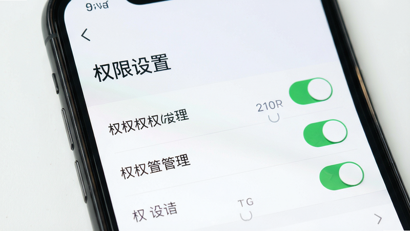 主体为手机设置界面特写,布局聚焦权限管理列表,排版清晰,风格扁平化,细节展示开关状态,画质清晰,干净,无多余元素,文字