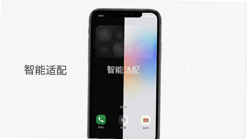 主体为手机屏幕显示深色模式与浅色模式对比,布局左右分屏,排版对称,风格极简主义,细节展示色彩渐变过渡,画质清晰,干净,无多余元素,文字