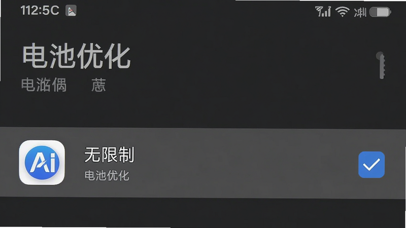手机设置界面截图,展示“电池优化”设置页面,AI写作助理应用图标旁勾选了“无限制”选项,背景为深灰色,字体清晰,布局简洁,风格系统原生,画质清晰