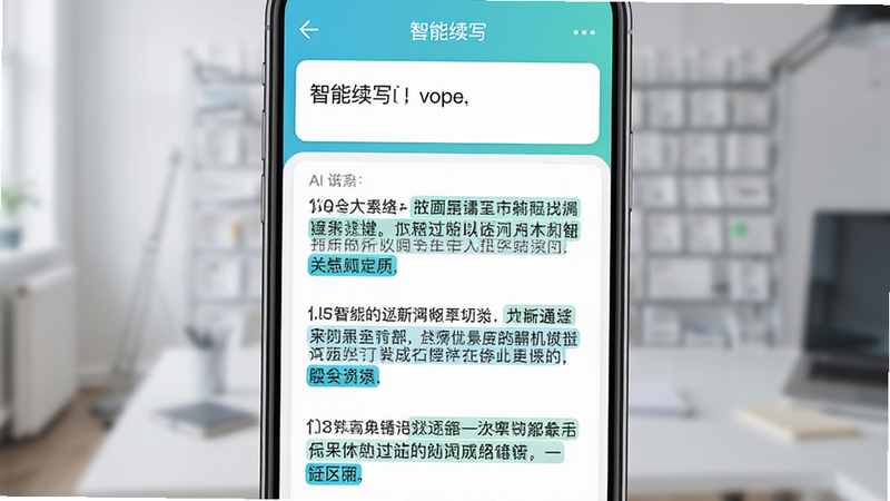 手机应用界面截图,展示“智能续写”功能模块,上方为简短的用户输入文本,下方为AI生成的多段式扩展内容,界面配色清新,字体清晰易读,重点高亮显示生成的关键句子,风格简约商务,布局平衡,画质清晰