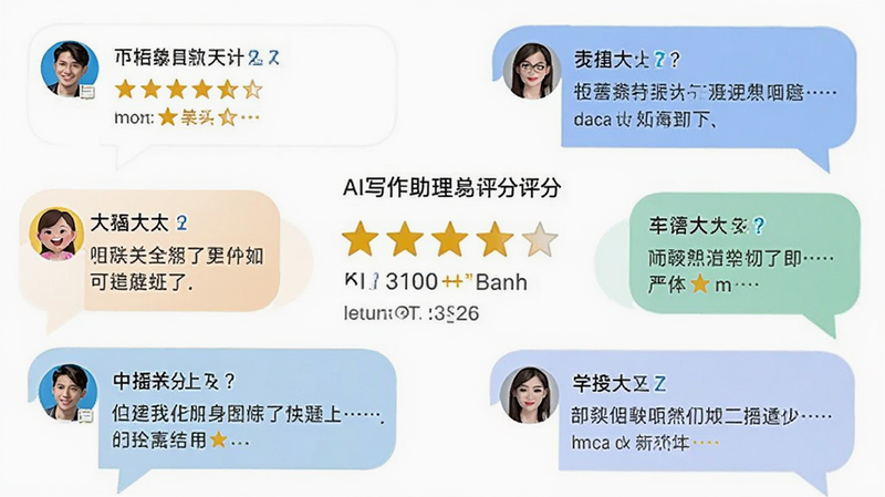 手机应用评分界面截图,显示AI写作助理在应用商店的高分评价,用户评论气泡环绕,背景为亮白色,风格积极正面,细节丰富,画质清晰