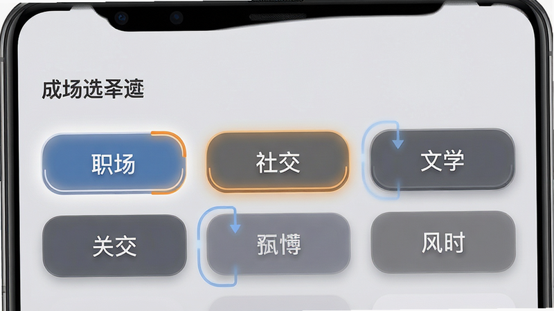 手机应用界面展示“风格选择”页面,屏幕上排列着多个圆角矩形按钮,分别标注“职场”、“社交”、“文学”等字样,选中状态有明显的视觉反馈,背景为浅灰色,UI元素精致,细节丰富,布局整齐,画质高保真