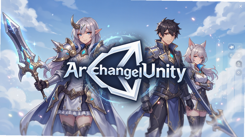 主体为 ArchangelUnity 游戏主界面高清预览图,布局采用居中构图,中心展示游戏 Logo 与精美角色立绘,背景为柔和的蓝白色渐变天空与云朵,排版整洁大气,风格为现代二次元游戏 UI 设计,细节丰富如光影效果与粒子特效,画质 4K 超清,干净无多余元素,文字显示