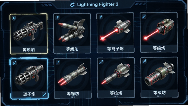 ����ΪLightning Fighter 2����ѡ����棬����״�����Ÿ�������ͼ�꣬���������ֻ�ǹ�������������������ڵȣ�ÿ��ͼ���·���ע�������ƺ͵ȼ�������Ϊ����ɫ�Ƽ�����壬������ʾ��ǰѡ�еġ��������ڡ������岼�����룬ͼ����ƾ��£����ֿƻþ��·�񣬸�����Ⱦ