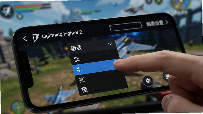 ����Ϊ�ֻ���Ļ��ʾLightning Fighter 2���ý��棬��ָ���ڵ�����������á�ѡ������˵�����ʾ���͡��С��ߡ����¡��ĸ�ѡ����С��С�������ѡ�У�����Ϊģ������Ϸ���������ֲ���ϸ�ڣ����дʵ����Ӱ��Ȼ����������