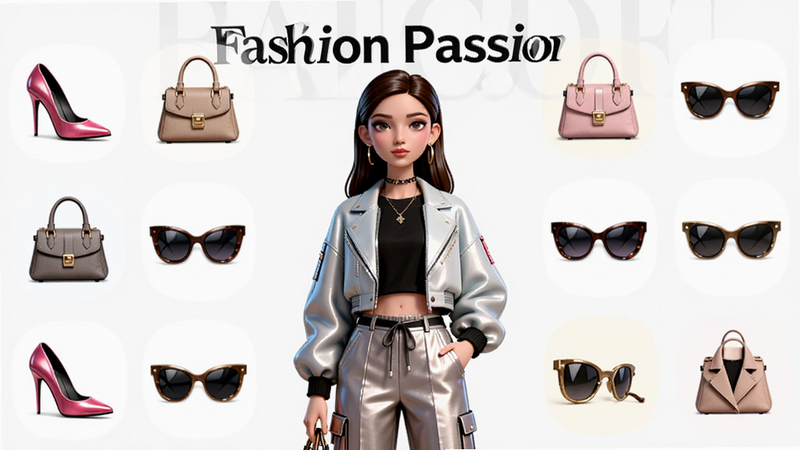 主体为一款名为Fashion Passion的手机游戏宣传图,布局采用中心对称构图,中心展示一位穿着最新潮服的虚拟女性角色,周围环绕着各种时尚单品图标如高跟鞋、手袋、墨镜,排版整洁有序,风格为清新明亮的时尚杂志风,细节处展现衣物纹理和光泽,画质4k高清,干净无多余元素,文字