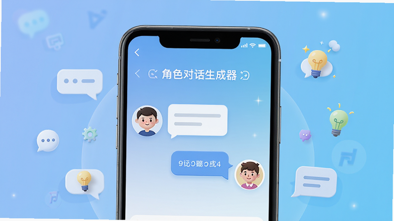 生成一张高质量的软件宣传海报,主体为智能手机屏幕,屏幕上显示着“角色对话生成器”的应用界面,界面中有两个卡通头像正在进行对话气泡交互,背景为柔和的科技蓝渐变色,周围漂浮着对话气泡和创意符号,整体风格现代简洁,画质高清,无多余杂乱元素