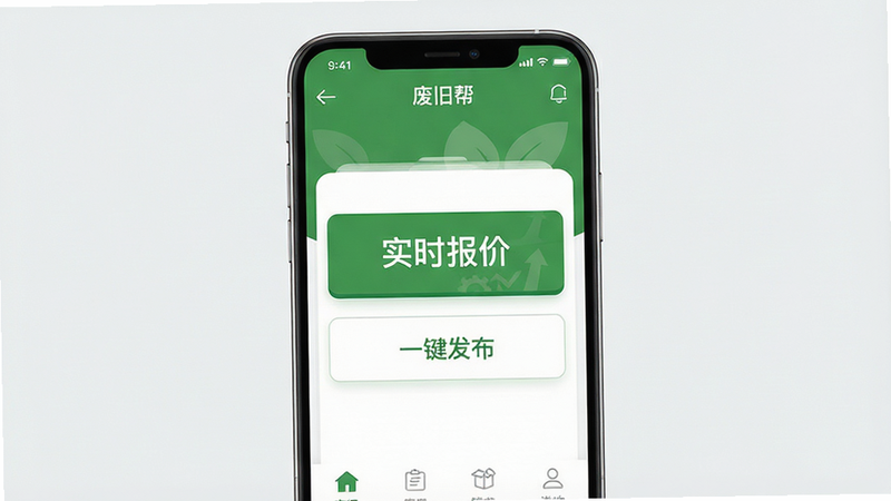 一张现代简约风格的移动端应用界面展示图,主体为“废旧帮”App的核心首页界面,背景为干净的浅灰色,界面中央突出显示“实时报价”和“一键发布”两个主要功能按钮,配色采用环保绿与白色为主,字体清晰易读,布局整齐,无多余装饰,高清矢量风格,干净无水印