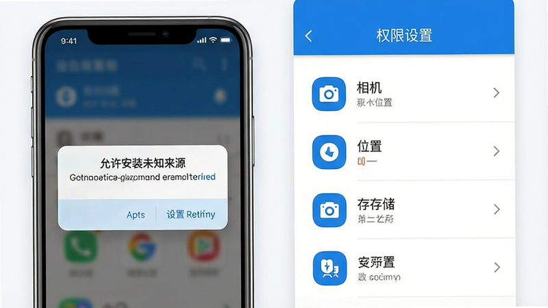 一张展示移动端安装与设置界面的示意图,画面左侧显示手机屏幕上的“允许安装未知来源”对话框,右侧为“权限设置”列表,包括相机、位置、存储等图标,整体风格简洁现代,蓝白配色,文字清晰,无复杂背景,高清渲染