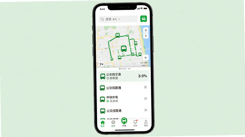 主体为“公交线路通”APP主界面,布局为顶部搜索栏、中部地图与线路列表、底部导航栏,排版简洁现代,风格扁平化,细节包含清晰的绿色线路图标与白色背景,画质高清,干净,无多余元素