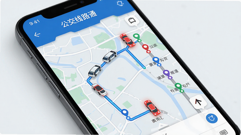 主体为手机屏幕显示“公交线路通”实时公交追踪界面,布局为地图模式,显示车辆移动轨迹与站点标记,排版直观,风格科技感,细节包含蓝色路线与红色车辆图标,画质清晰,干净,无多余元素