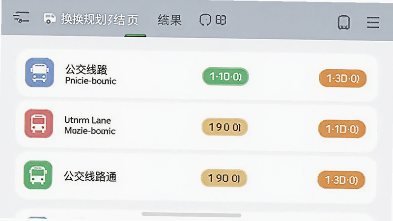 主体为“公交线路通”换乘规划结果页,布局为列表式方案展示,排版清晰,风格简洁,细节包含不同颜色区分的交通方式图标与时间标签,画质高,干净,无多余元素