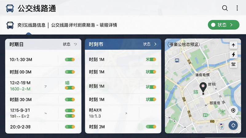 主体为“公交线路通”线路详情页,布局为顶部线路信息、中部时刻表、底部地图预览,排版紧凑,风格商务,细节包含时间列表与状态指示灯,画质高,干净,无多余元素