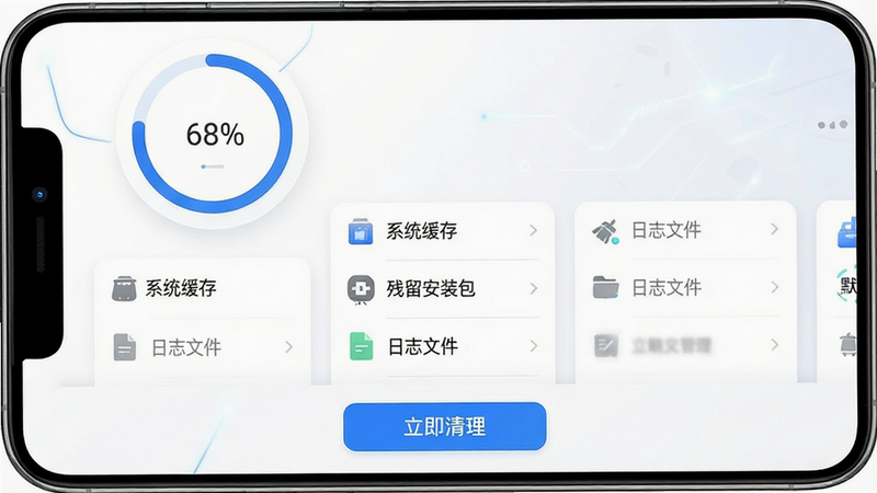 主体为一张高清手机屏幕截图,展示默畅清理管家的主界面。布局采用简洁的卡片式设计,顶部显示大圆环清理进度条,中间列表清晰列出“系统缓存”、“残留安装包”、“日志文件”等分类,底部有醒目的蓝色“立即清理”按钮。排版整洁有序,风格为现代扁平化UI,色彩以白色背景搭配蓝色和灰色主色调。细节处体现科技感,线条流畅,无多余元素。画质为4K超清,文字清晰可见,整体干净明亮。