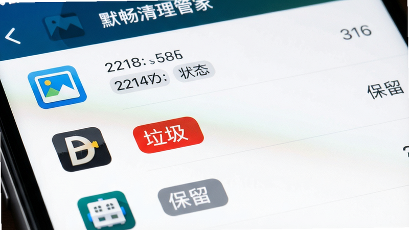 主体是手机界面局部特写,展示文件列表。布局上,列表项分为两列,左边是文件图标,右边是文件大小和状态标签。排版清晰,重点高亮显示“垃圾”标签,颜色为红色,而“保留”项为灰色。风格为现代UI设计,细节处显示文件图标(如图片、安装包、日志)的矢量图形。画质清晰,对比度高,文字“默畅清理管家”在界面顶部隐约可见,整体专业且易读。
