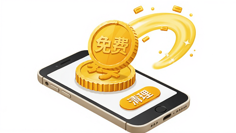 主体是一个金币与手机叠加的图标,象征免费与价值。布局上,手机位于下方,金币从手机顶部飞出,形成动态轨迹。排版简洁,风格为卡通商务风,主色调为黄色和白色。细节展示金币上的“免费”字样和手机屏幕上的“清理”按钮。画质明亮,色彩鲜艳,传达出“高性价比”和“免费”的概念。