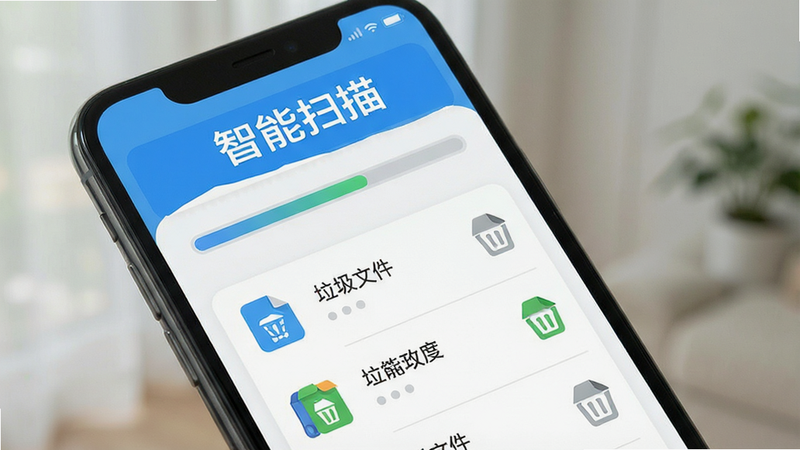 主体为手机屏幕界面,显示扫描进度条和分类垃圾文件列表,界面清新,图标清晰,文字“智能扫描”高亮显示,布局整齐,风格扁平化,画质清晰,无多余元素