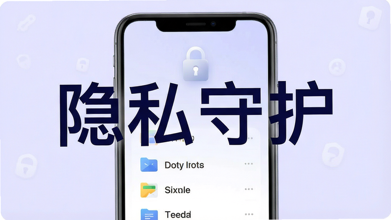 主体为手机界面,显示锁形图标和加密文件列表,背景为淡紫色,文字“隐私守护”清晰,布局对称,风格安全可靠,细节丰富,高清,无多余元素