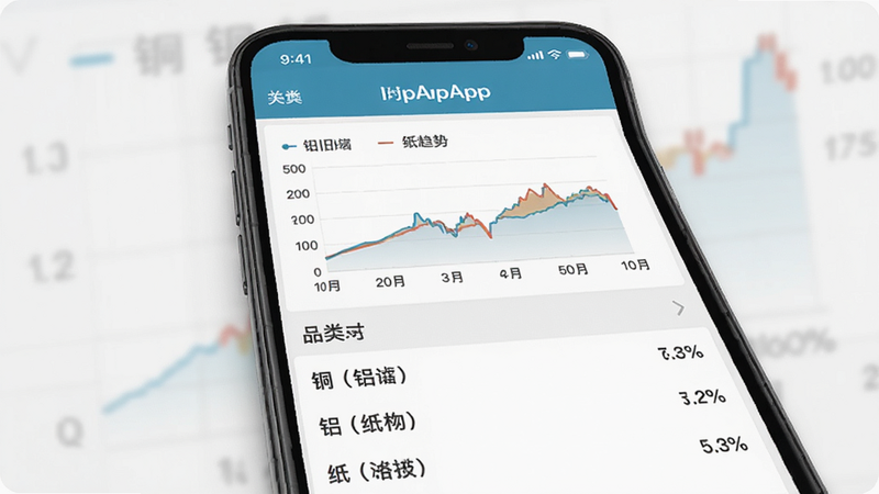һ��չʾ�Ͼɰ�App�۸��ѯҳ���ʾ��ͼ������Ϊ�ֻ����棬���ְ���ͼ�����б����Ű����룬��������࣬ϸ����ʾ��ͬƷ����ͭ������ֽ�ļ۸����ƣ��������������ʾ�ϸ�������ұ���