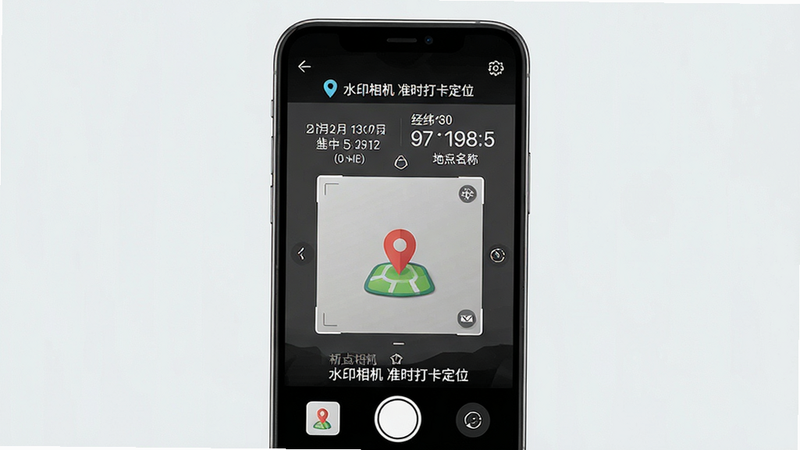 主体为一部智能手机,屏幕显示着“水印相机准时打卡定位”的应用界面,界面中央是取景框,周围清晰显示着日期、时间、经纬度及地点名称的水印信息。布局为竖屏构图,排版简洁现代,风格为扁平化科技风,细节处展现高精度的定位图标与时间字体,画质清晰,干净,无多余元素