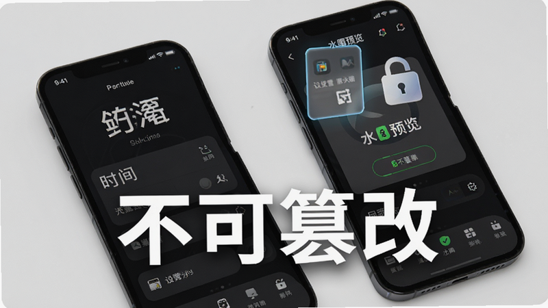 手机界面展示时间设置与水印预览,突出显示“不可篡改”字样,背景为深色模式UI,字体清晰醒目,体现软件的专业性与安全性,风格简约科技,画质细腻