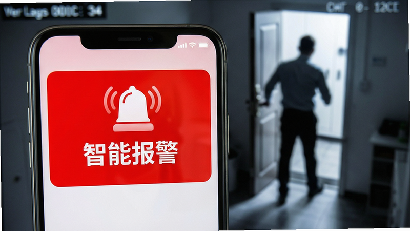 手机屏幕弹出警报通知,背景是监控画面中有人闯入,主体突出报警提示,布局聚焦手机界面,排版醒目红色警示风格,细节展示警铃图标,画质清晰,干净,文字标注