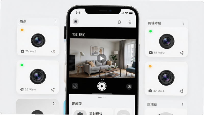 手机首页界面,展示多个摄像头卡片,中间有一个大的实时预览窗口,主体为APP主界面,布局卡片式,排版整洁,风格现代简约,细节展示在线状态指示灯,画质清晰,干净,文字标注