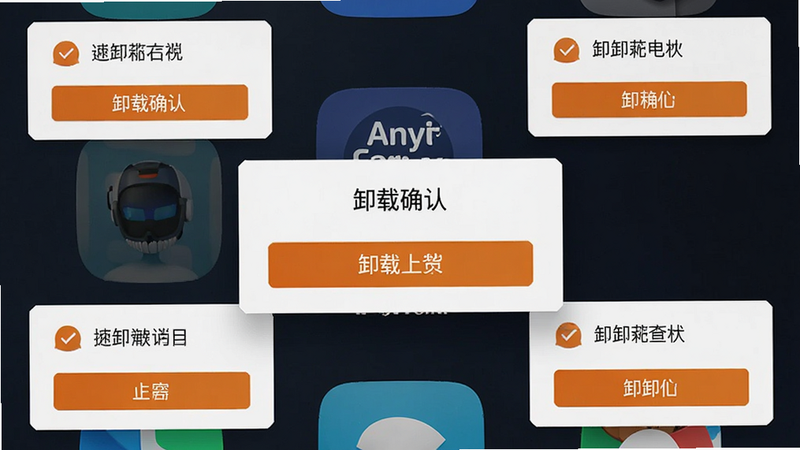 主体为手机桌面图标,布局为 Anyitracker 应用图标位于屏幕中央,周围有卸载弹窗提示,排版简洁,风格为安卓系统风格,细节包含卸载按钮的高亮显示,画质高清,干净,无多余元素,文字“卸载确认”位于弹窗中心
