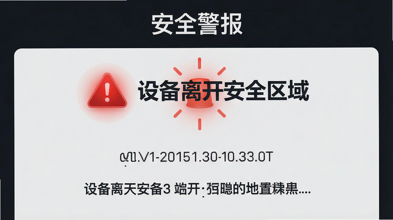 主体为 Anyitracker 安全警报界面,布局为上方显示红色警告图标与文字“设备离开安全区域”,下方显示时间戳与位置详情,背景为深色模式,排版清晰醒目,风格为严肃安全风,细节包含红色警示灯的光晕效果,画质高清,干净,无多余元素,文字“安全警报”位于顶部