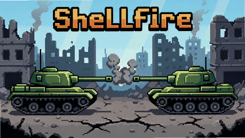主体为Shellfire游戏核心场景,布局为中央两辆坦克对峙,背景为像素风格废墟城市,排版居中突出,风格为复古像素艺术结合现代光影,细节包括坦克炮管烟雾与地面裂纹,画质高清,干净,无多余元素,文字包含