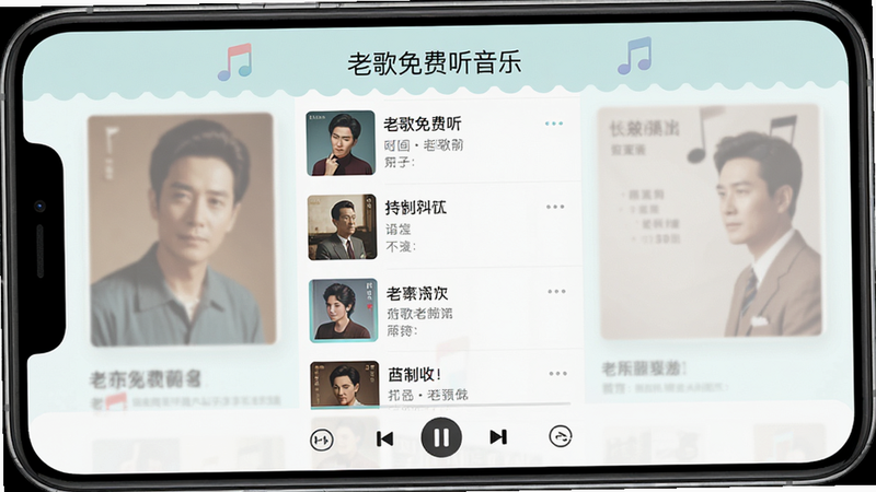主体为“老歌免费听音乐”App的主界面截图,布局采用居中对称设计,顶部显示软件名称,中部展示歌曲列表或专辑封面,底部为播放控制栏,风格为清新简约的扁平化设计,细节包含清晰的文字排版和柔和的配色,画质高清,干净无多余元素