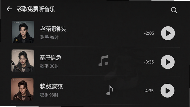 主体为“老歌免费听音乐”App的歌曲列表页面,布局为纵向滚动列表,每行显示歌曲名称、歌手和时长,左侧有专辑封面缩略图,右侧有播放按钮,风格为现代简约UI,细节包含清晰的图标和文字对齐,画质清晰,无杂乱背景